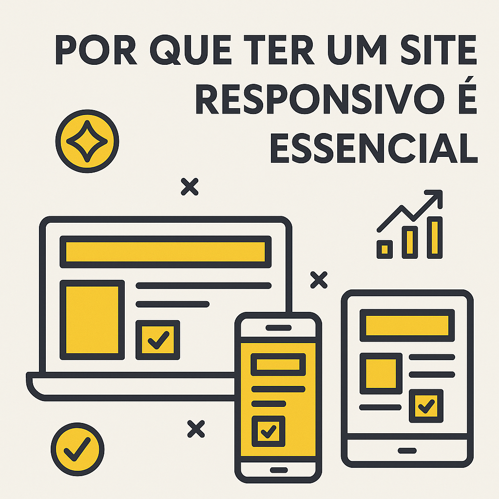 Imagem ilustrativa mostrando diferentes dispositivos (notebook, tablet e celular) exibindo o mesmo layout em amarelo, branco e cinza-escuro, representando a importância de ter um site responsivo.
